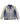 A heavily distressed, faded blue denim work jacket laid flat on a textured gray concrete background. The jacket features a button-up front, a pointed collar, and multiple pockets, with significant wear, frayed edges, and paint splatters.