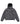 A dark gray hooded puffer jacket with a button front, zippered pockets, and a kangaroo pocket, displayed flat against a light gray background.