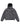 A dark gray hooded puffer jacket with a button front, zippered pockets, and a kangaroo pocket, displayed flat against a light gray background.