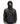 Person wearing a black raincoat with a hood on a white background