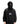 Person wearing a black hoodie with a logo on a white background