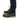Dark gray boots with brown laces worn with dark blue jeans on a white background